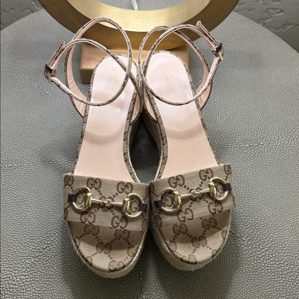 Gucci Beige Monogram Espadrille Platform Sandals - Picture 6 of 8